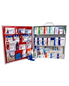 3-Shelf Food Services First Aid Station with Blue Bandages, Metal Cabinet with door pouch