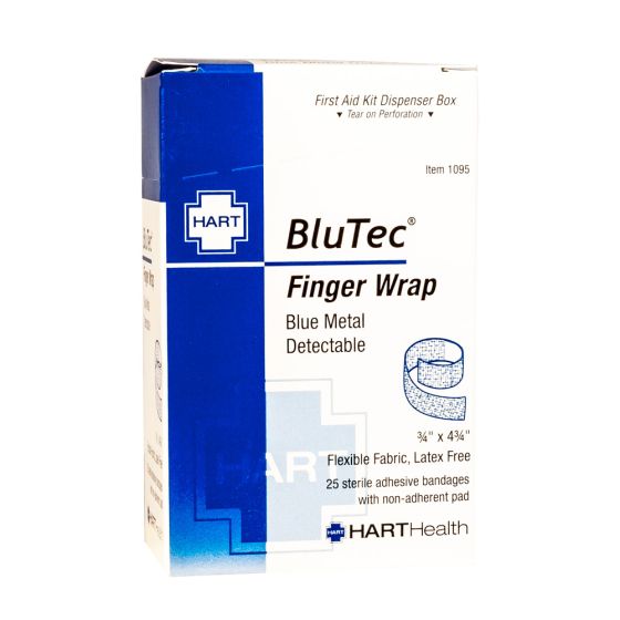 BluTec, Blue Metal Detectable Finger Wrap Bandages, Heavy Woven Elastic Cloth, 3/4" x 4-3/4", 25 per box