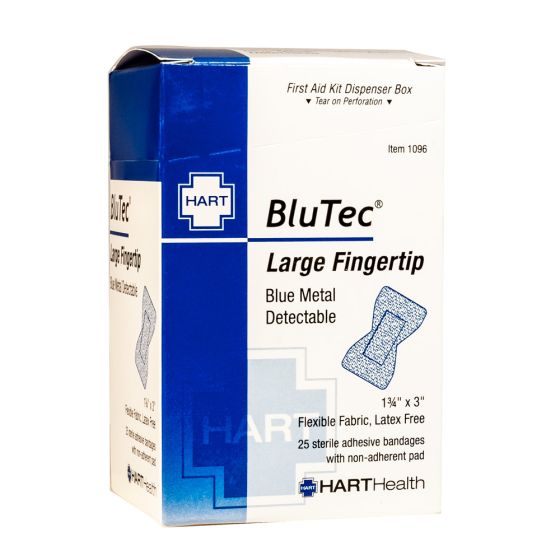 BluTec, Blue, Metal Detectable, Large Fingertip Bandages, Heavy Woven Elastic Cloth, 1-3/4" x 3", 25 per box