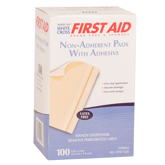 White Cross First Aid Non-Adherent Wound Pad with Adhesive, Sterile, 2" x 3", 100 per box