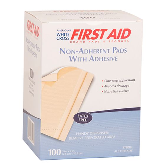 White Cross First Aid Non-Adherent Wound Pad with Adhesive, Sterile, 3" x 4", 100 per box