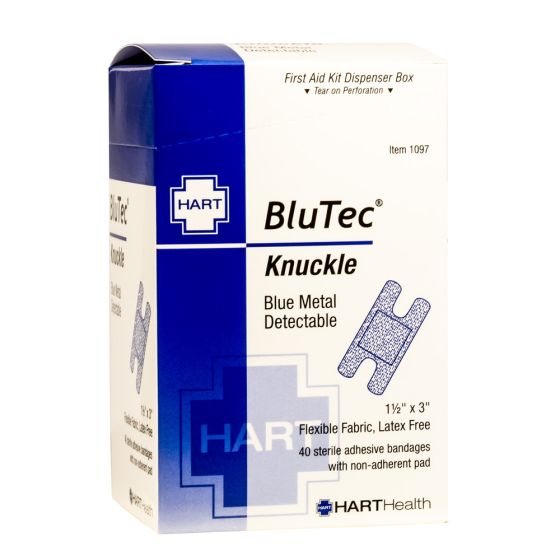 BluTec, Blue Metal Detectable Knuckle Bandages, Heavy Woven Elastic Cloth, 1-1/2" x 3", 40 per box